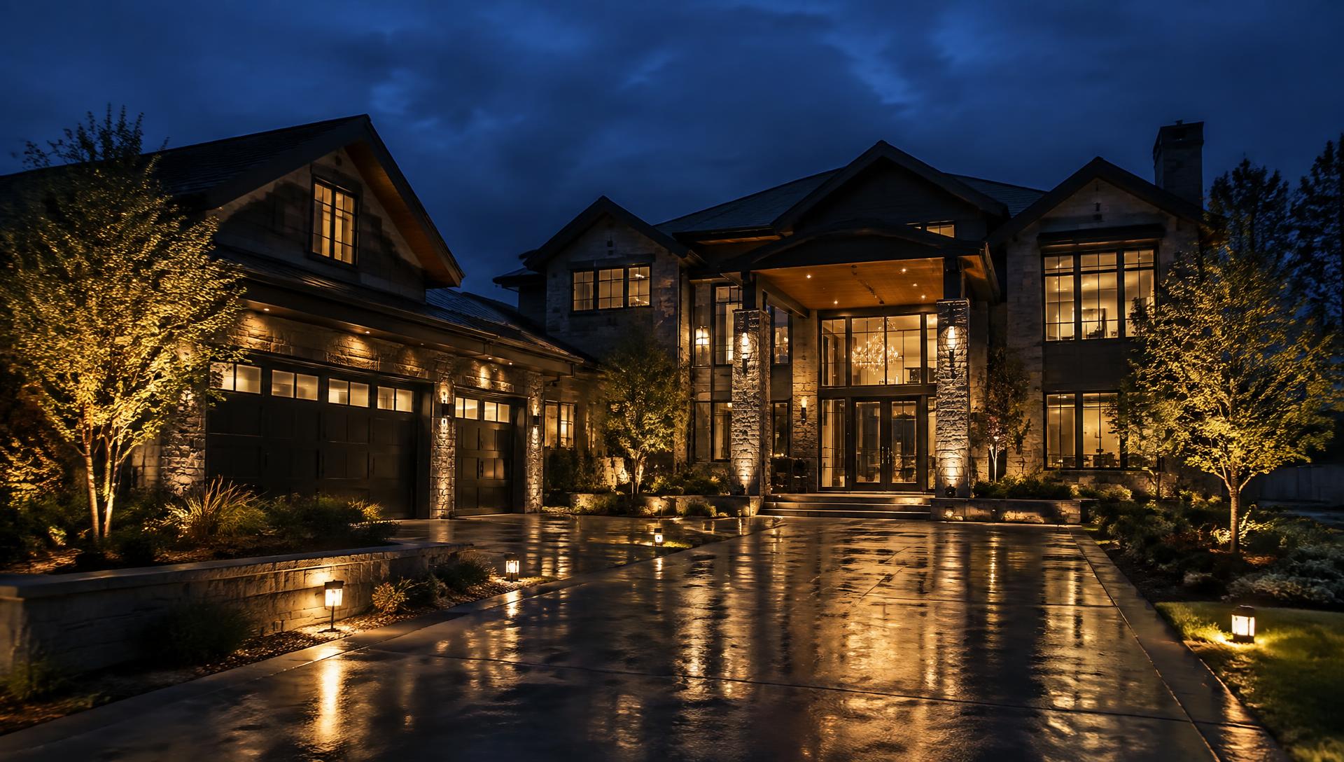 Luxury home at dusk with warm architectural facade lighting